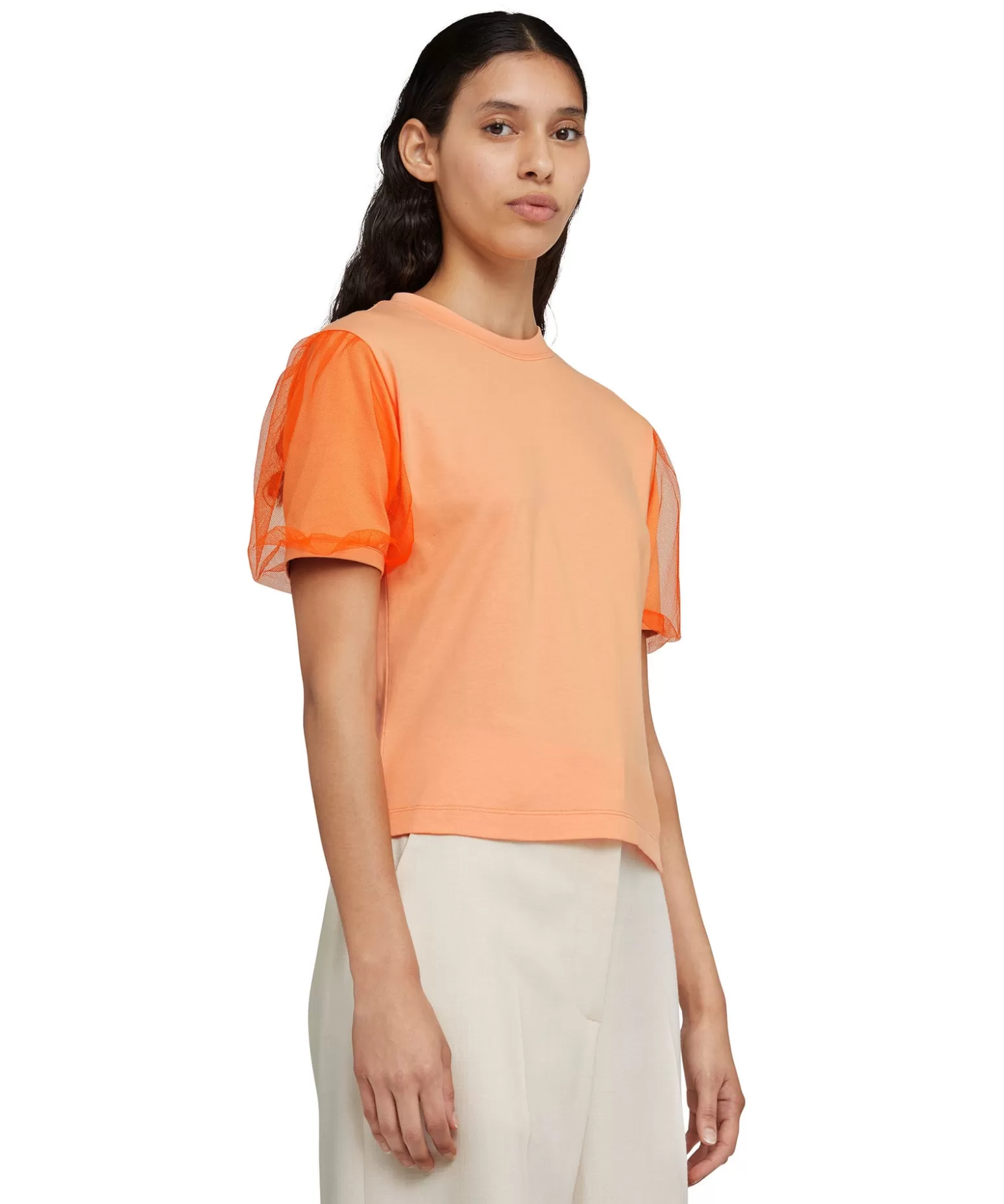 Donna MSGM T-Shirt Girocollo In Tinta Unita In Cotone Con Maniche In Tulle